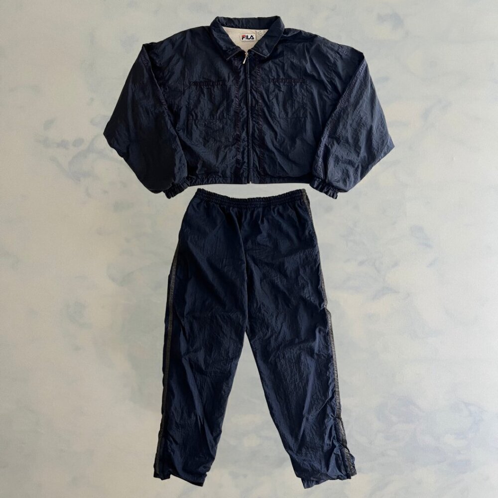 Fila Vintage 90's Navy Cropped Windbreaker Crinkle Nylon Lined Tracksuit